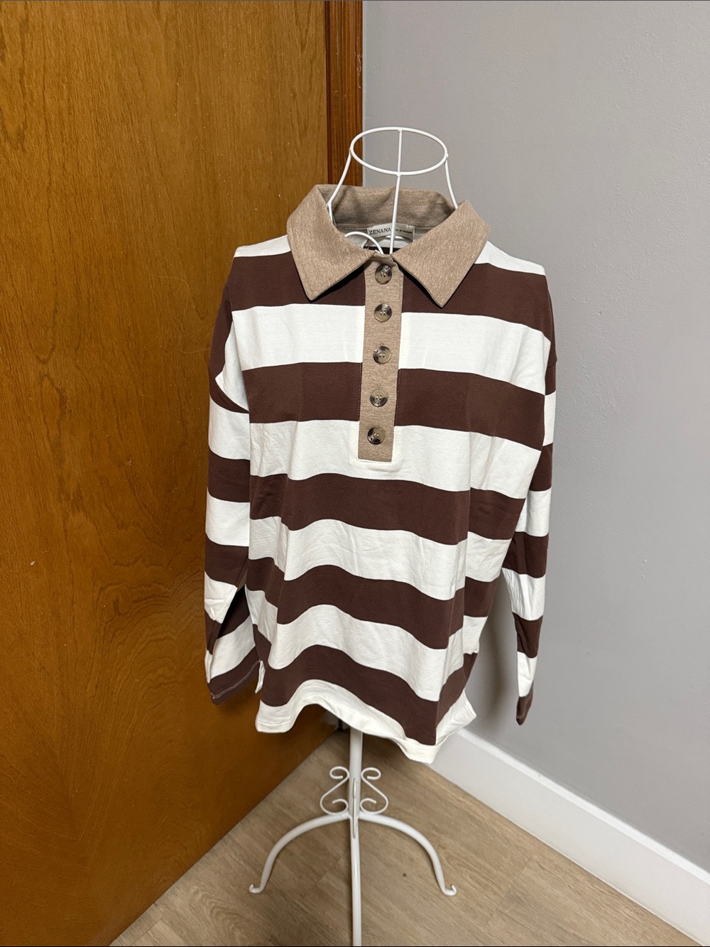 Zenana Outfitters Brown & White Striped Long-Sleeve Rugby Polo